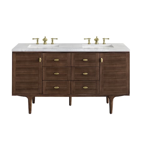 James Martin Vanities Amberly 60in Double Vanity, Mid-Century Walnut w/ 3 CM Arctic Fall Top 670-V60D-WLT-3AF